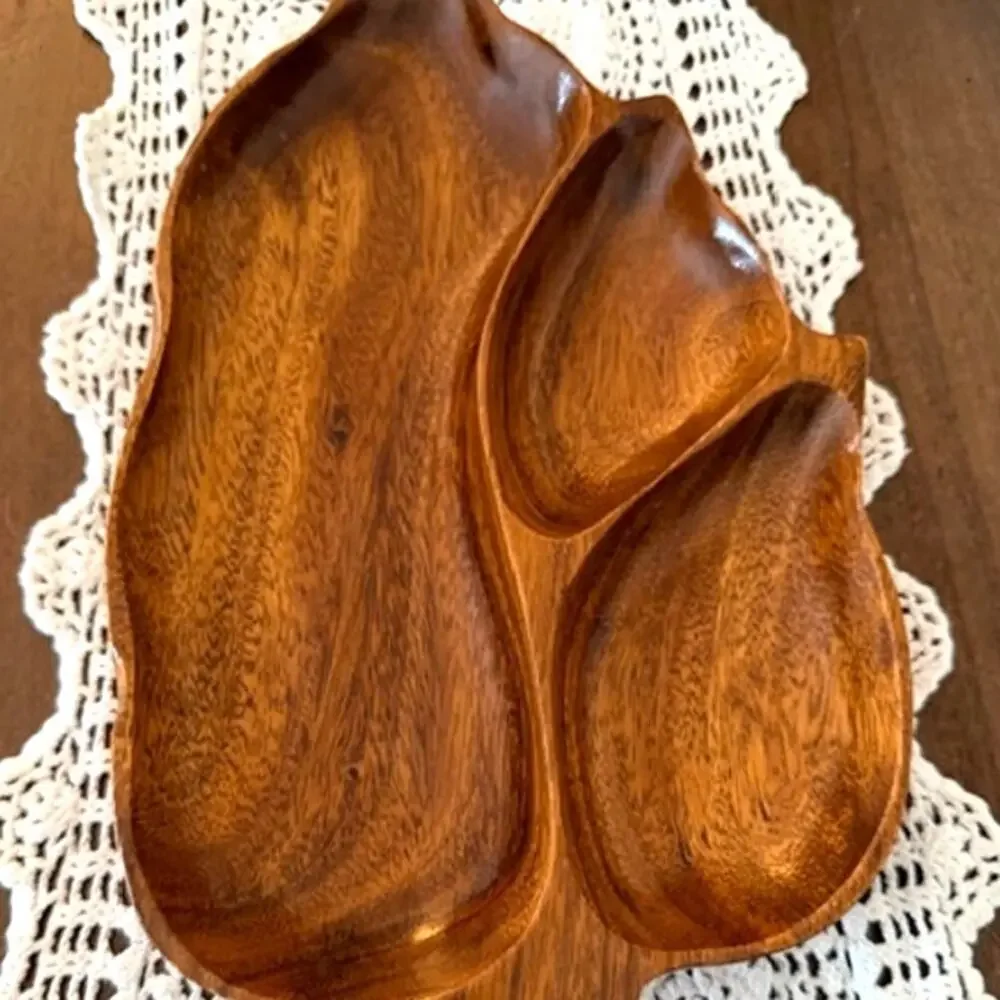 Vintage Aloha Wood Leaf Tray Monkey Pod Bowl 14” Hawaii Philippines